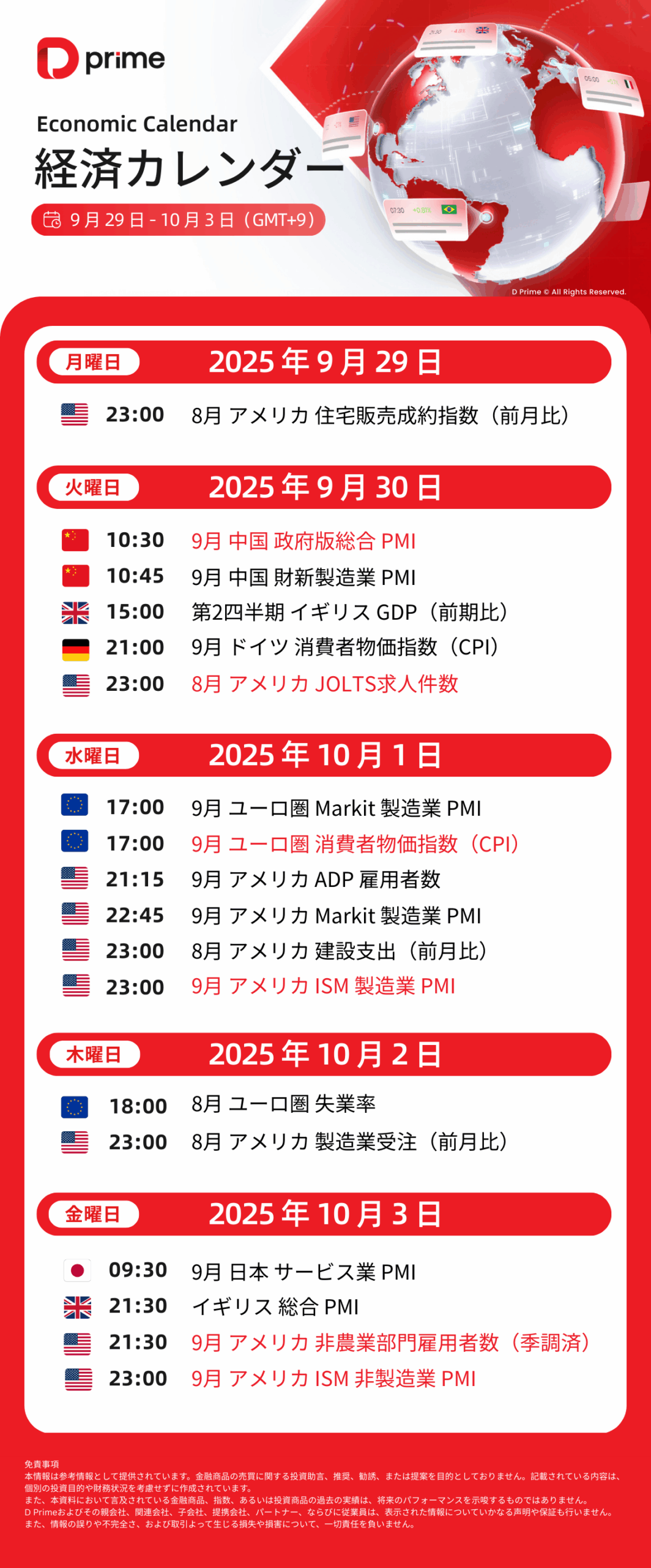 経済カレンダー | 9 月 29 日 – 10 月 03 日（GMT+9）
